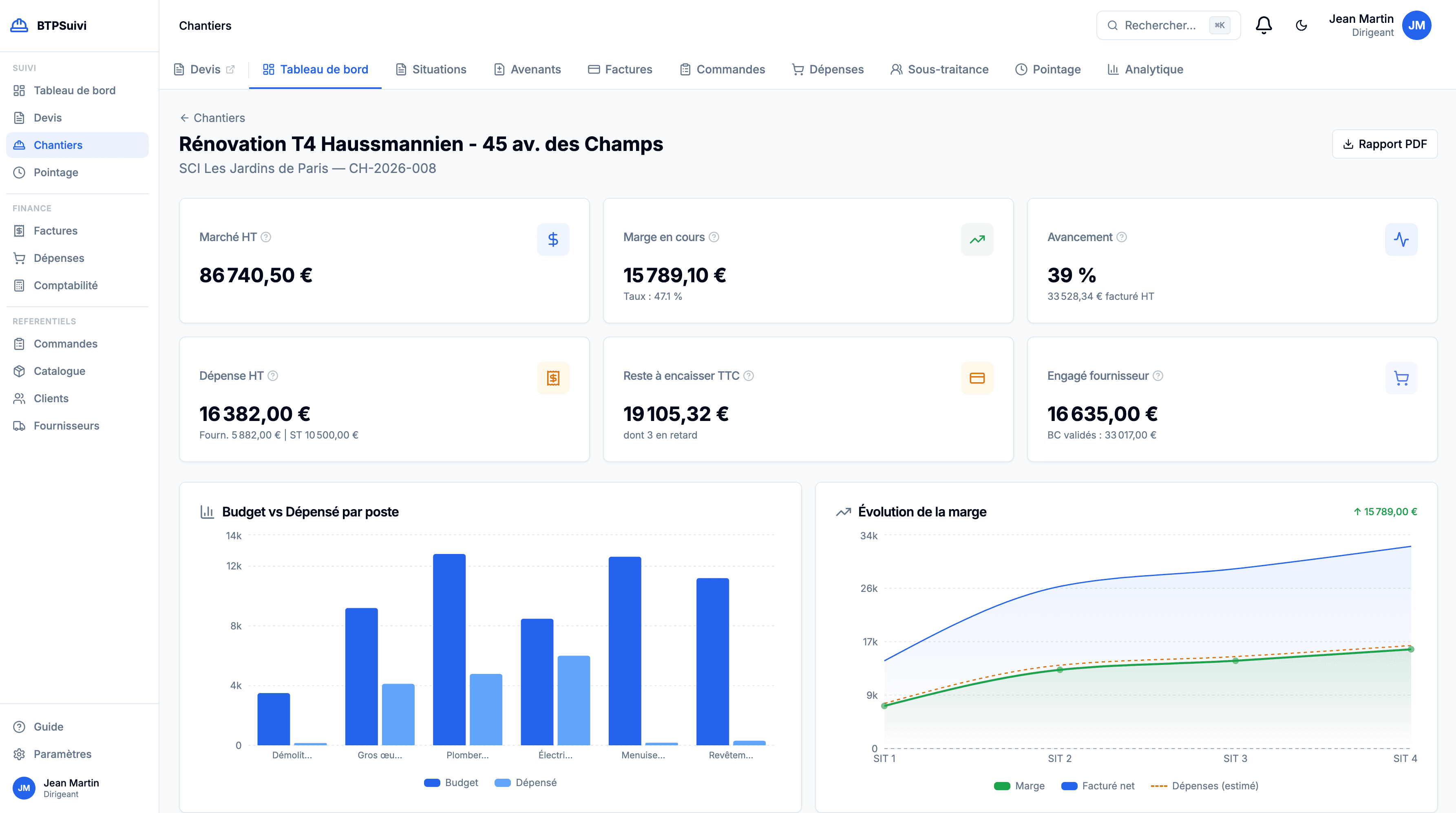 Suivi de chantier BTPSuivi — marge, budget vs dépense, avancement